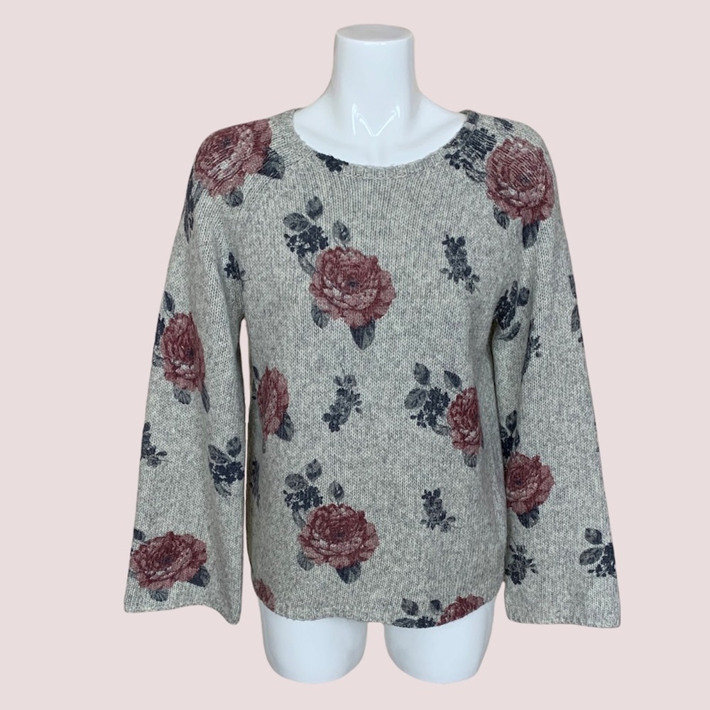 Lucky Brand Gray Floral Wool Blend Knit Bell Sleeve Sweater Medium